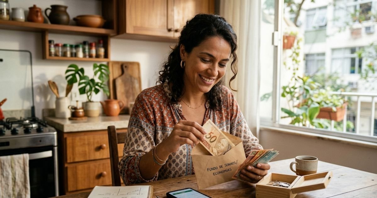 Mulher guardando dinheiro em segredo planejando independência financeira