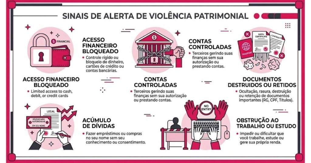 Infográfico com sinais de violência patrimonial em relacionamento abusivo